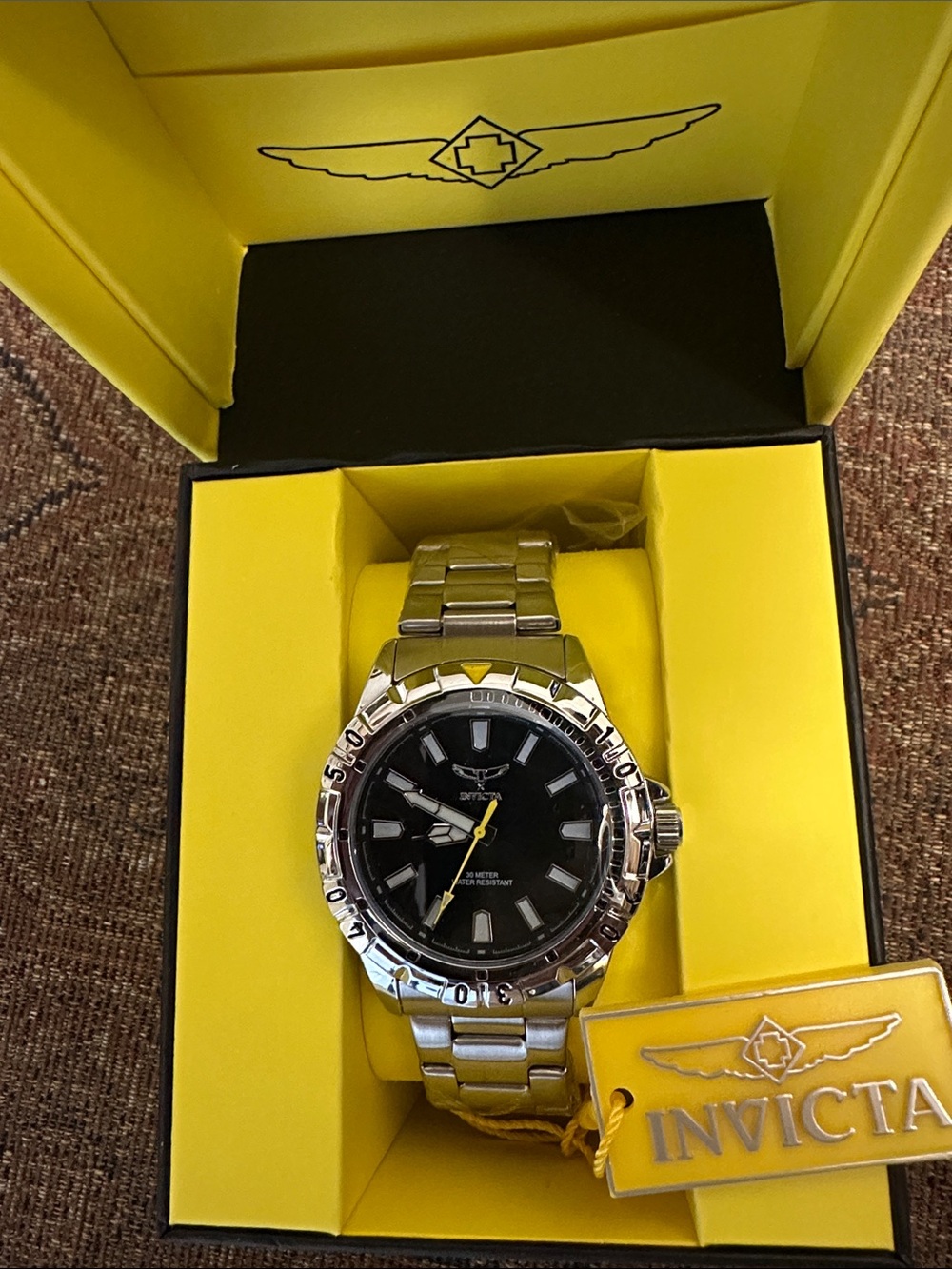 Invicta Silver Bracelet Watch with Black Dial and Yellow Accent 42mm